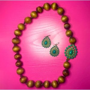 Wood and Turquoise necklace and earring set